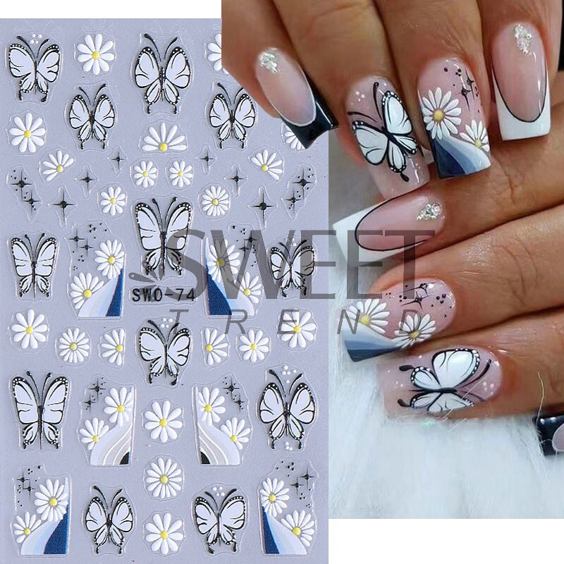 5D Red Pink Flower Camellia Nail Stickers Geometric Floral Butterfly Daisy Decal