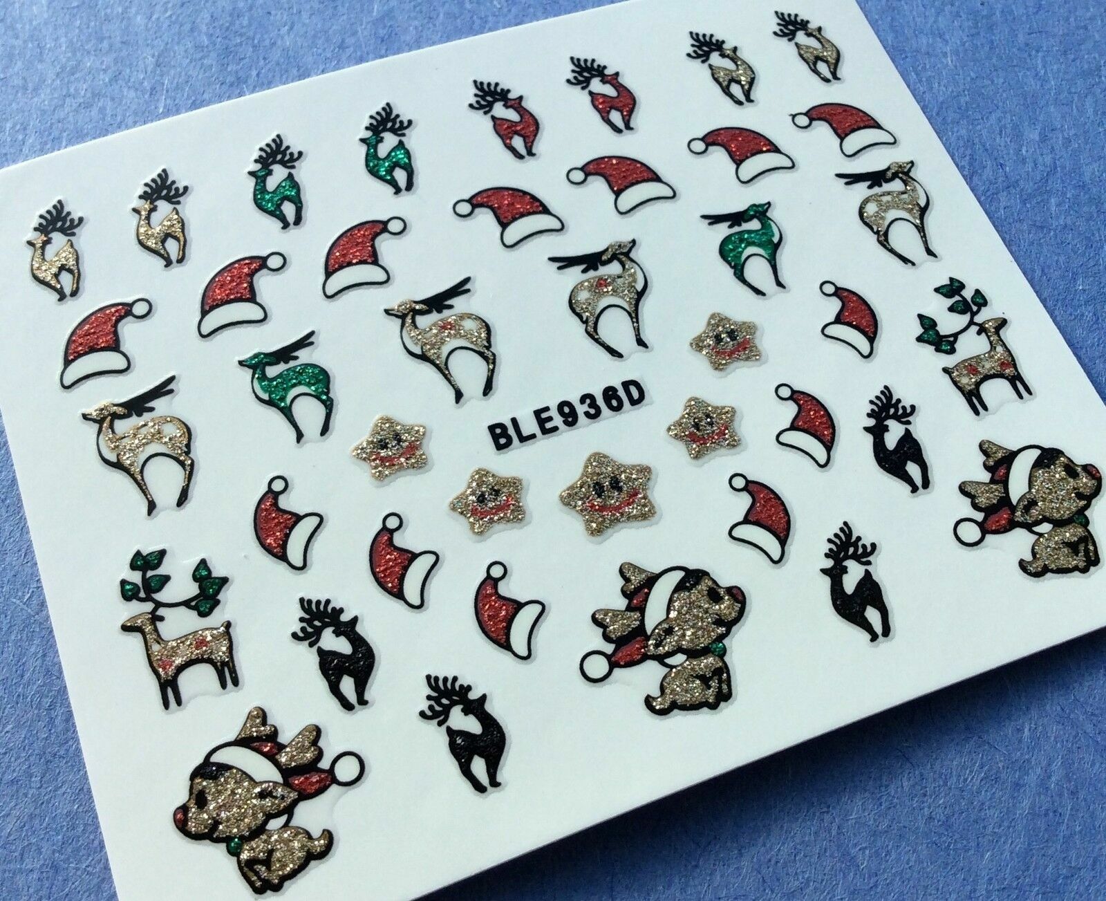 Nail Art 3D Glitter Decal Stickers Christmas Reindeer Santa Hat Stars BLE936D