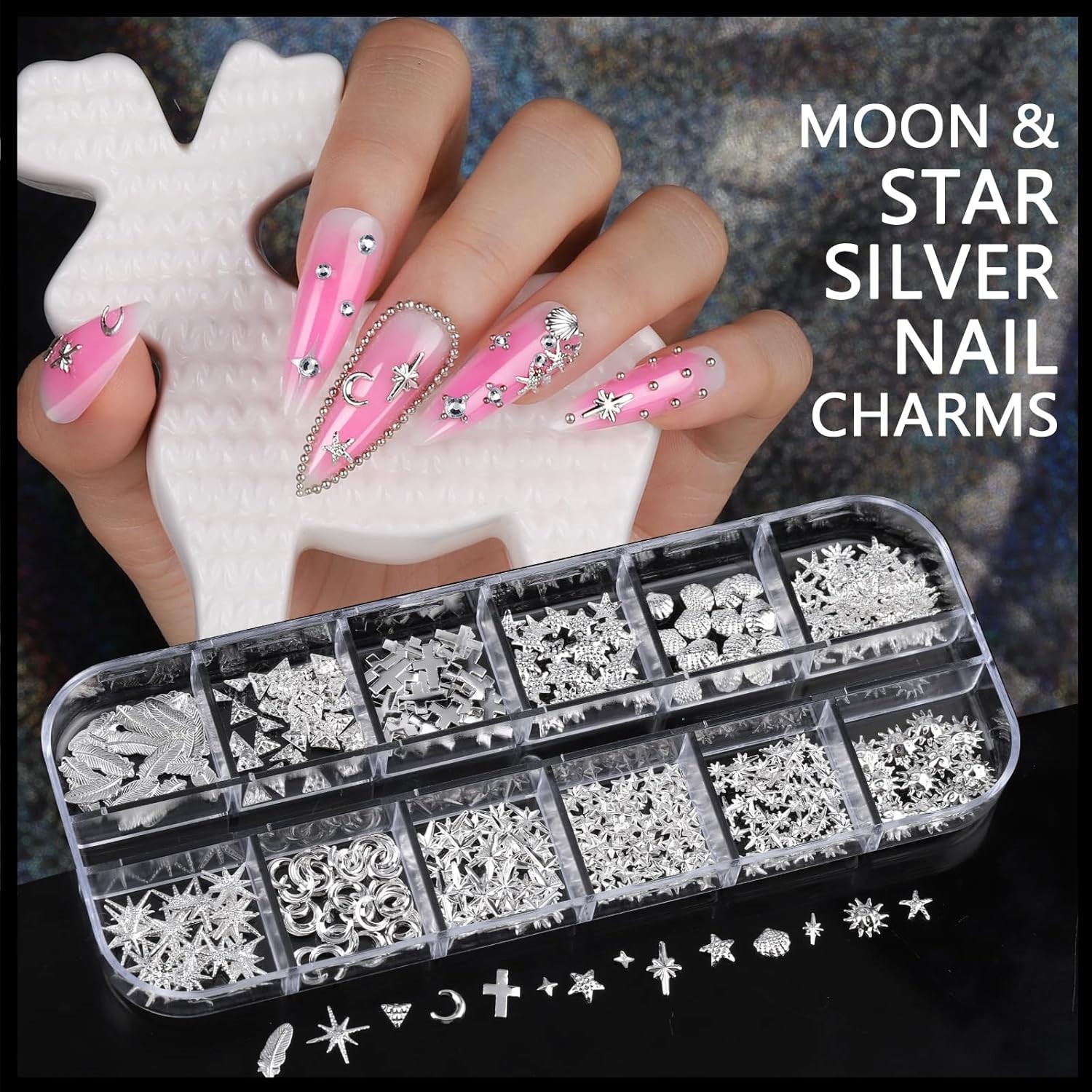 Complete Nail Art Kit: Silver Charms, Gems, 15 Art Stickers & Tools Included