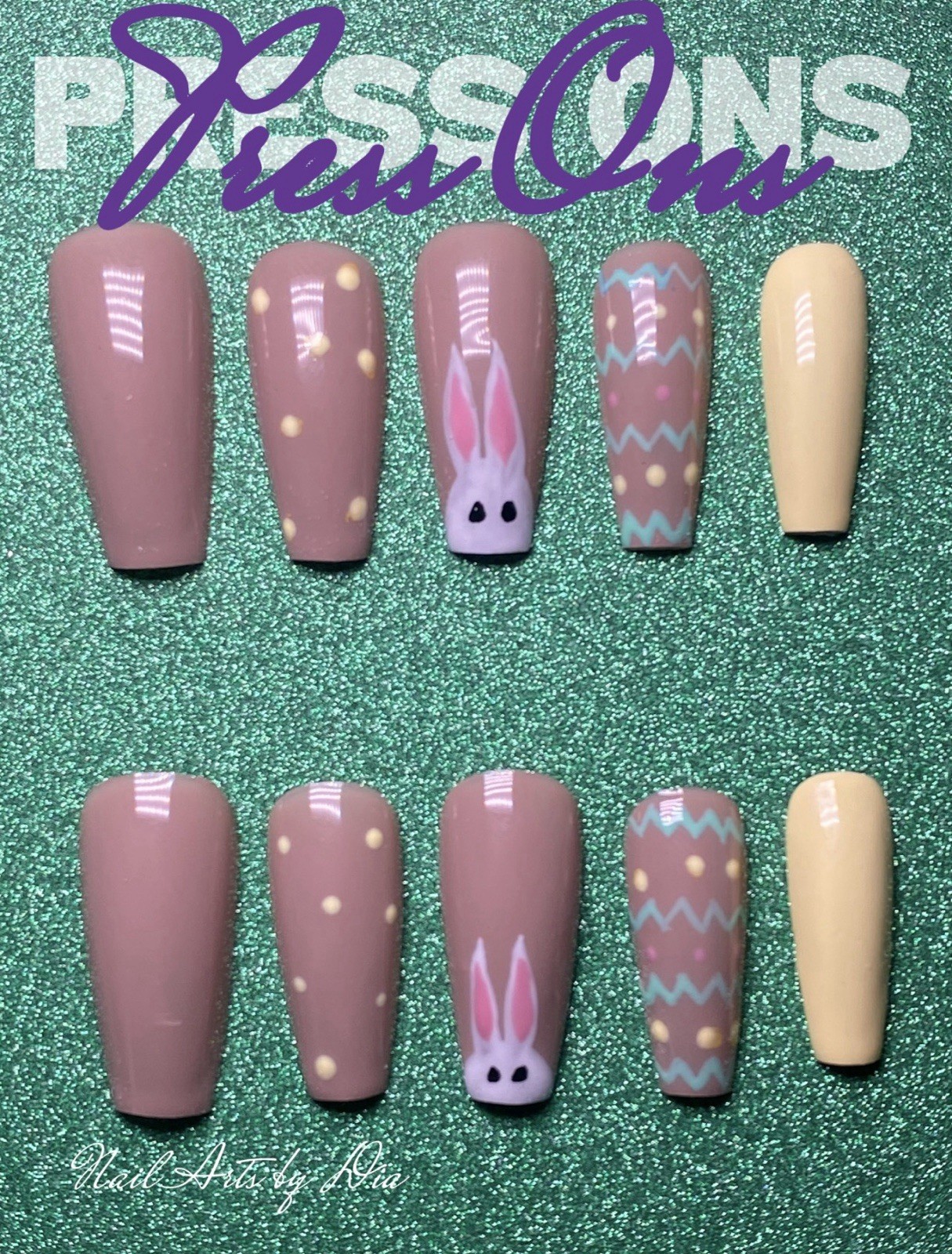 Medium Coffin Press-On Nails Easter Bunny Pastel Shiny Set