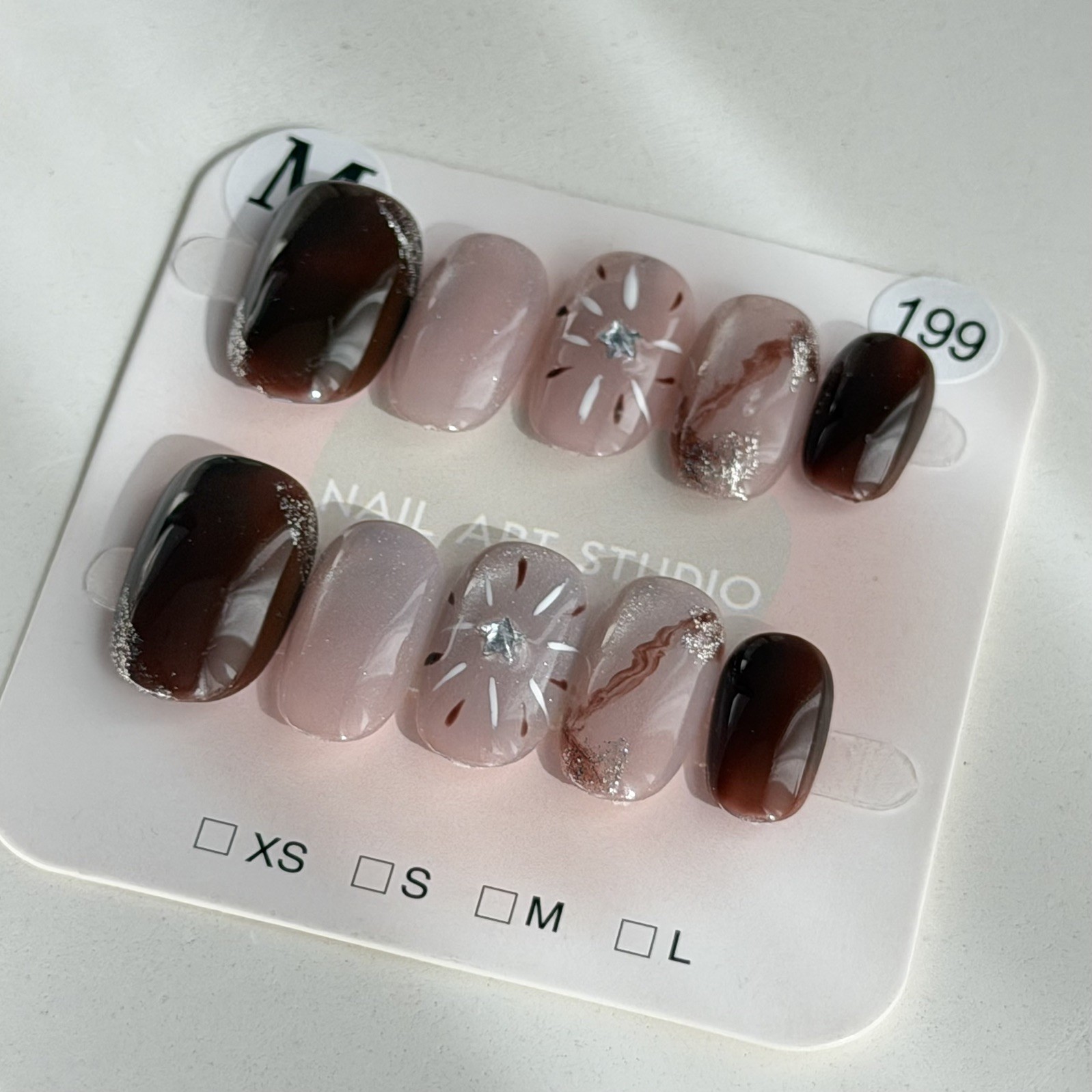 Handmade Pink Brown Fireworks Press-On Nails Short Oval Size M Reusable 199