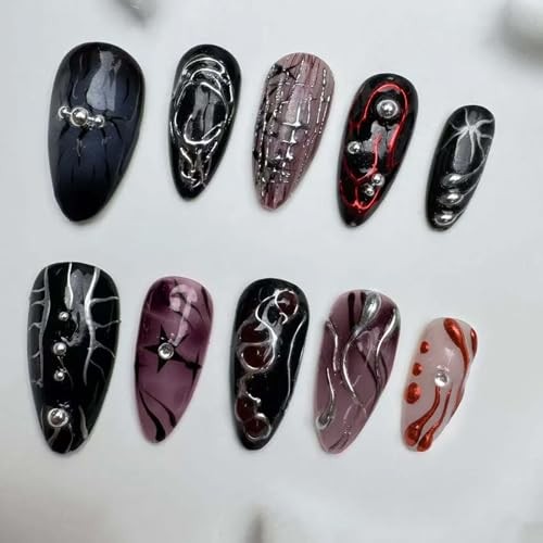 Goth Red Black Press on Nails Almond Medium Acrylic Fake Nails 04-Black Red
