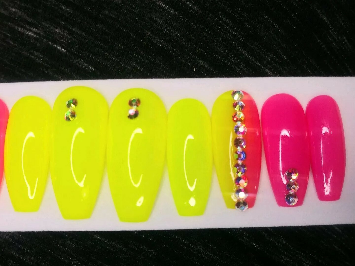 Bright Neon yellow & pink bling nails Press On crystal gel nails long coffin