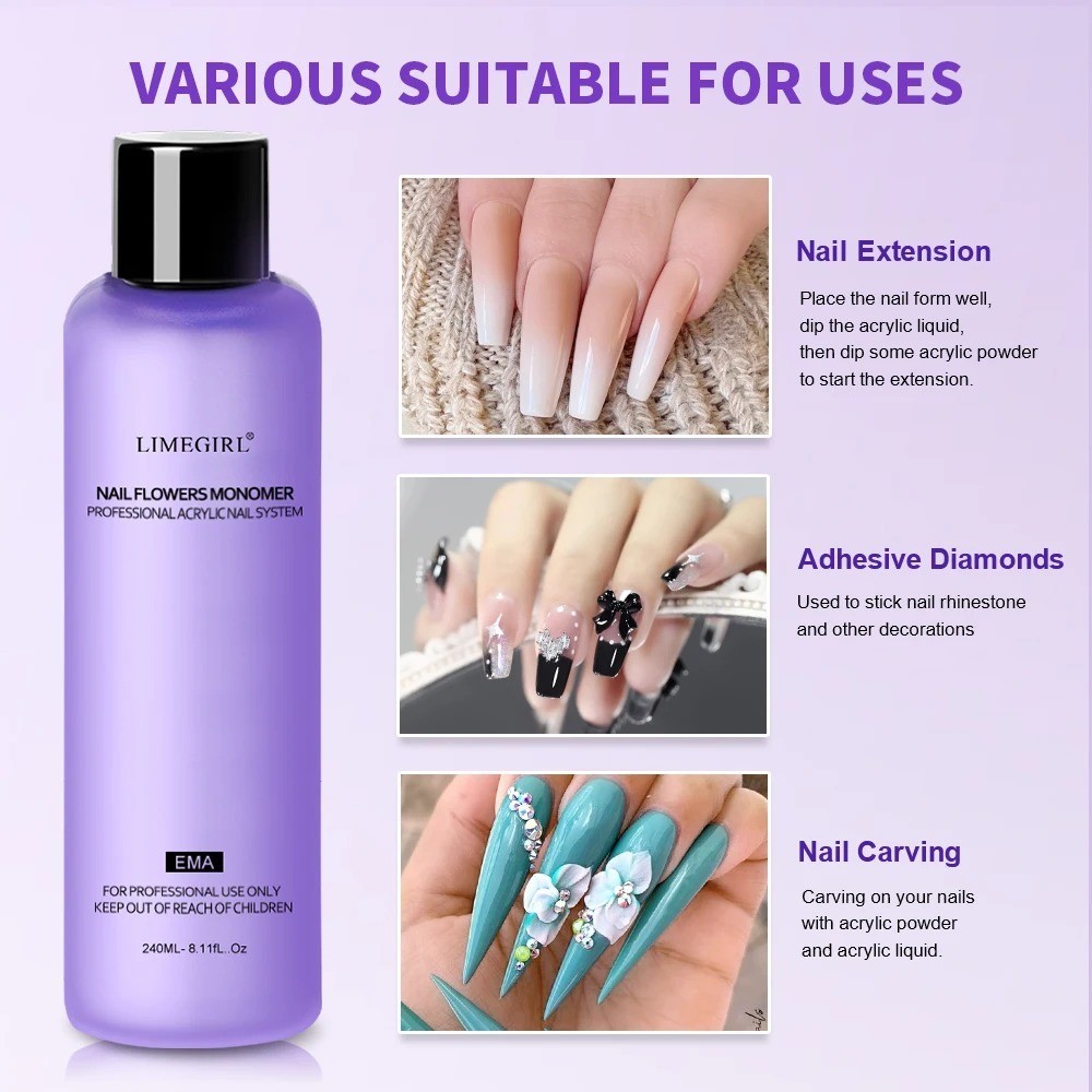 Limegirl Acrylic Nail Liquid Monomer 40–240ml Crystal Clear Nail Art Solution