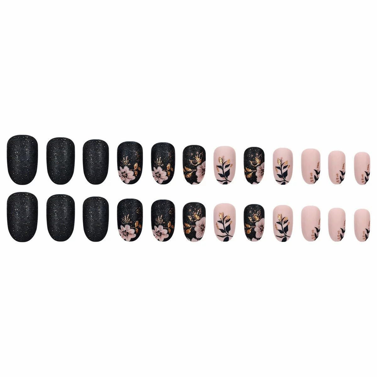 Short Press on Nails Almond Fake Nails with Flower Leaves Design Matte Black Nud