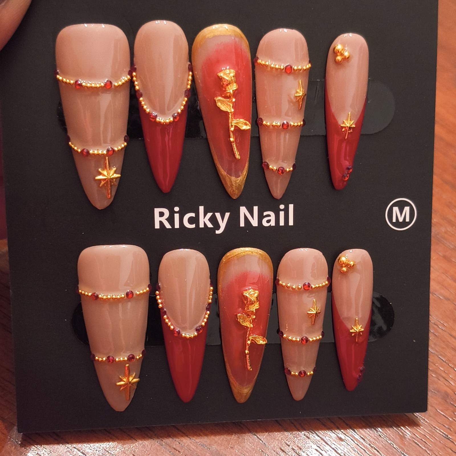 Ricky Nail Press-On Nails Medium Stiletto Red Beige Gold Star Design