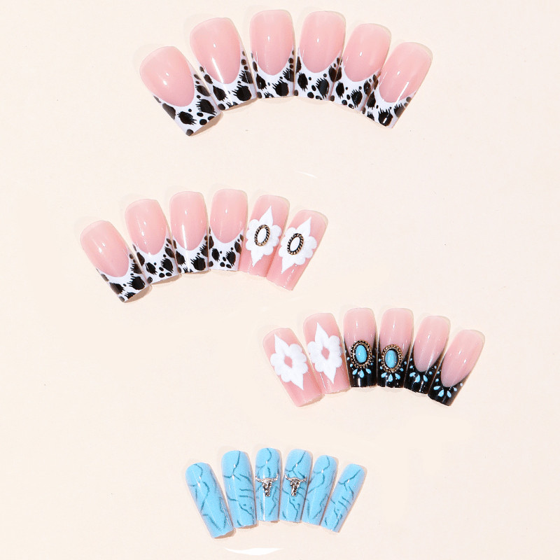48Pcs-Long Coffin Western Cow Print Turquoise 3D Flower Press on Nails Set