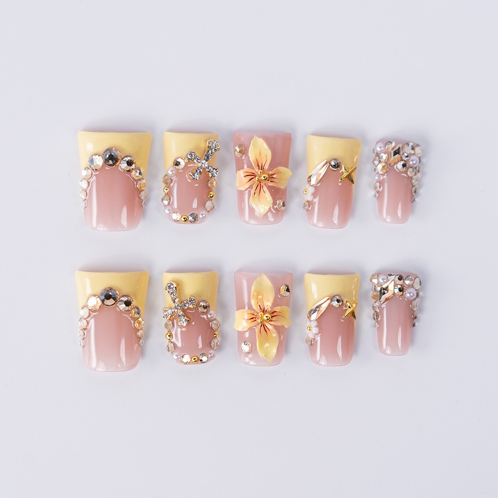 10/20PCS Handmade Square Press On Nails Yellow Floral Rhinestones Fake Nail XS-M