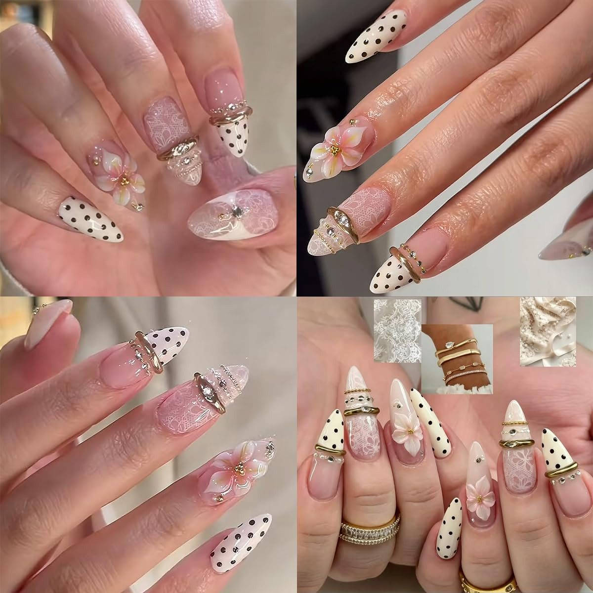 24Pcs Pink Flower Press on Nails Medium Almond Fake Nails 3D Pearl Gold Gems Rhi