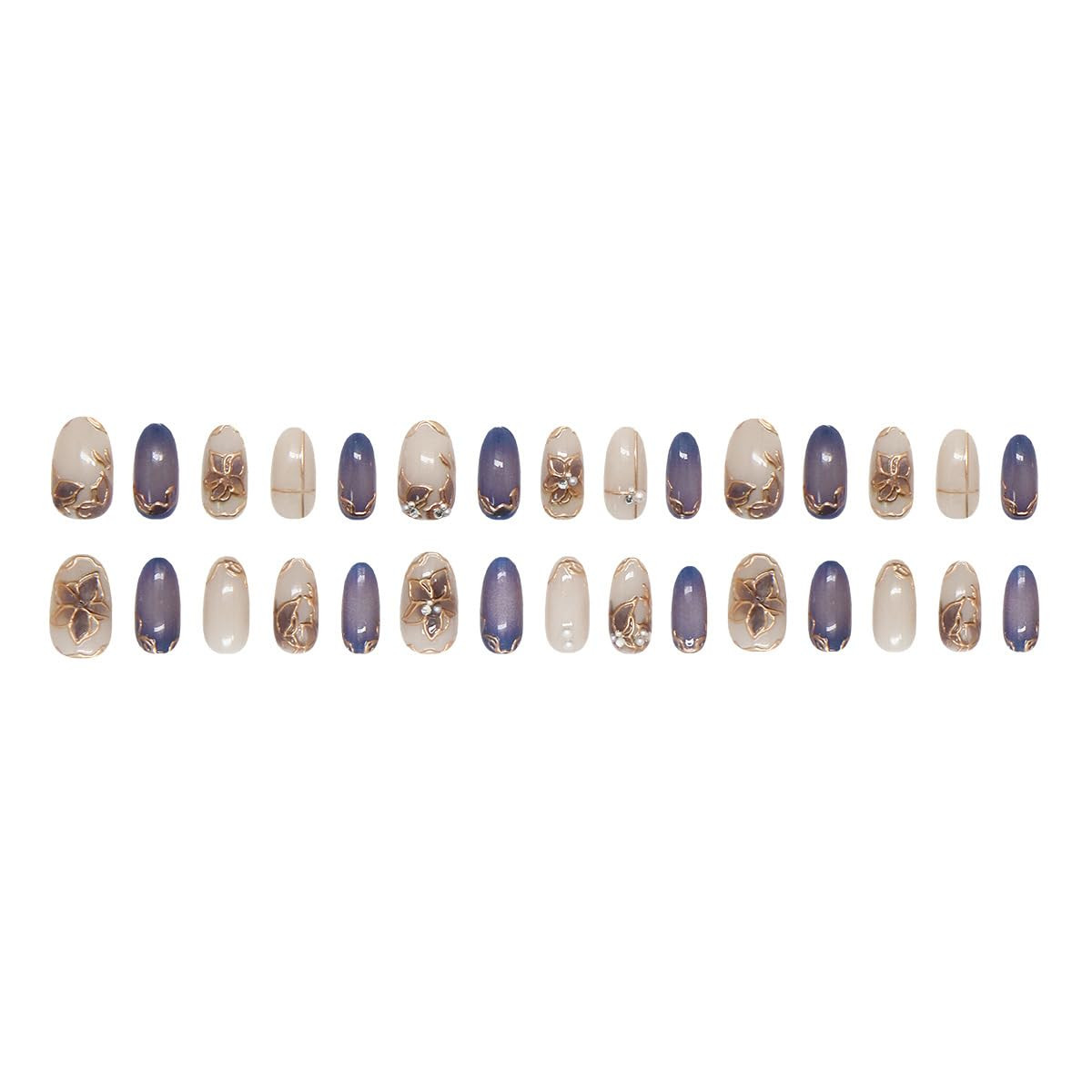 30Pcs Short Almond Press on Nails Gold Edge Floral Fake Nails with 3D Gilding Pe