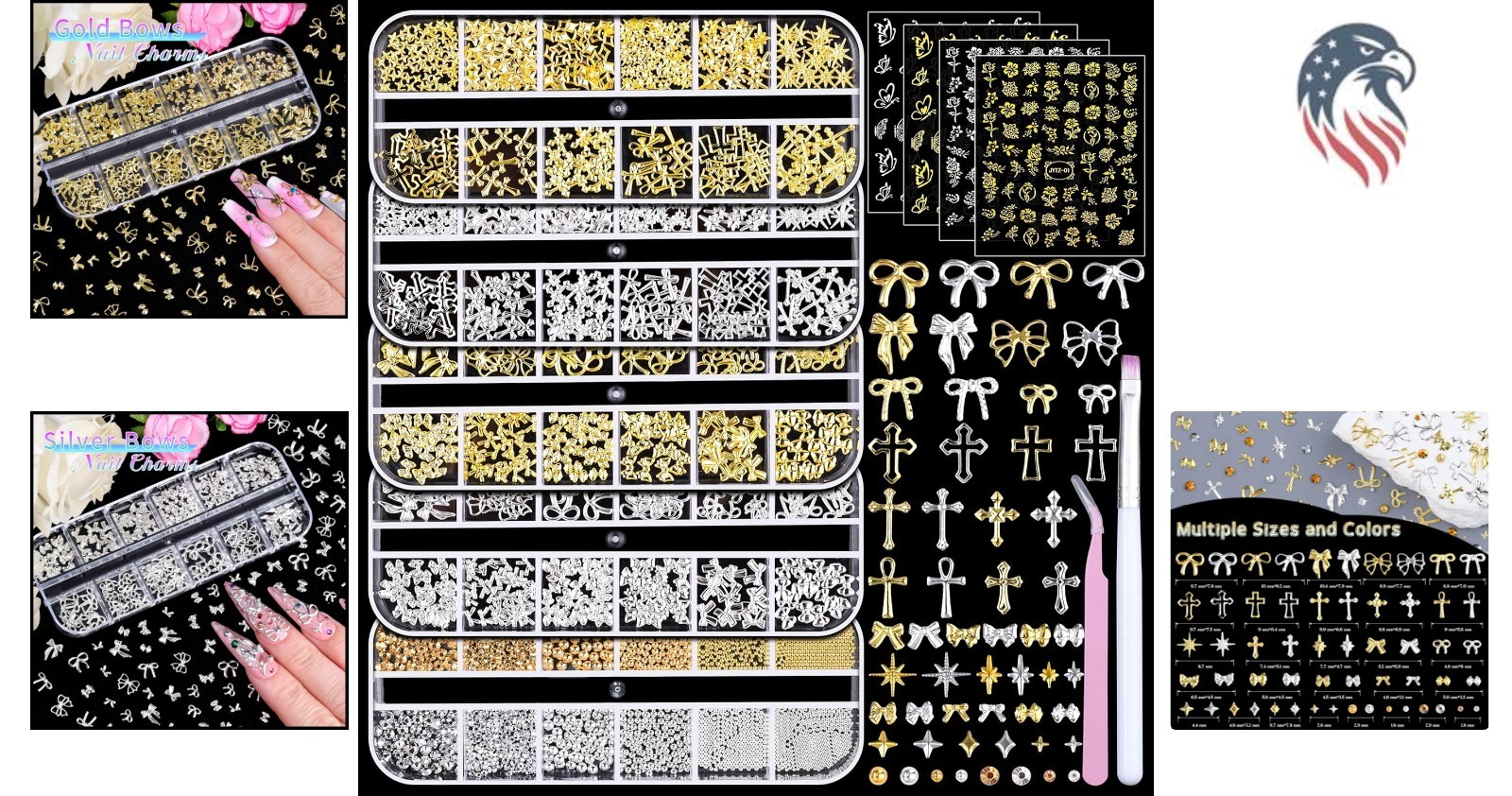 Compatibility Nail Art Charms Kit 5 Boxes Gold Silver Metal 3D Studs Stickers…
