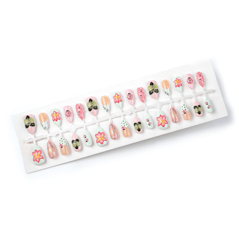 60Pcs Flower Ladybug Pastel Oval Press on Nails, Cute Fresh Nude Fake Nails