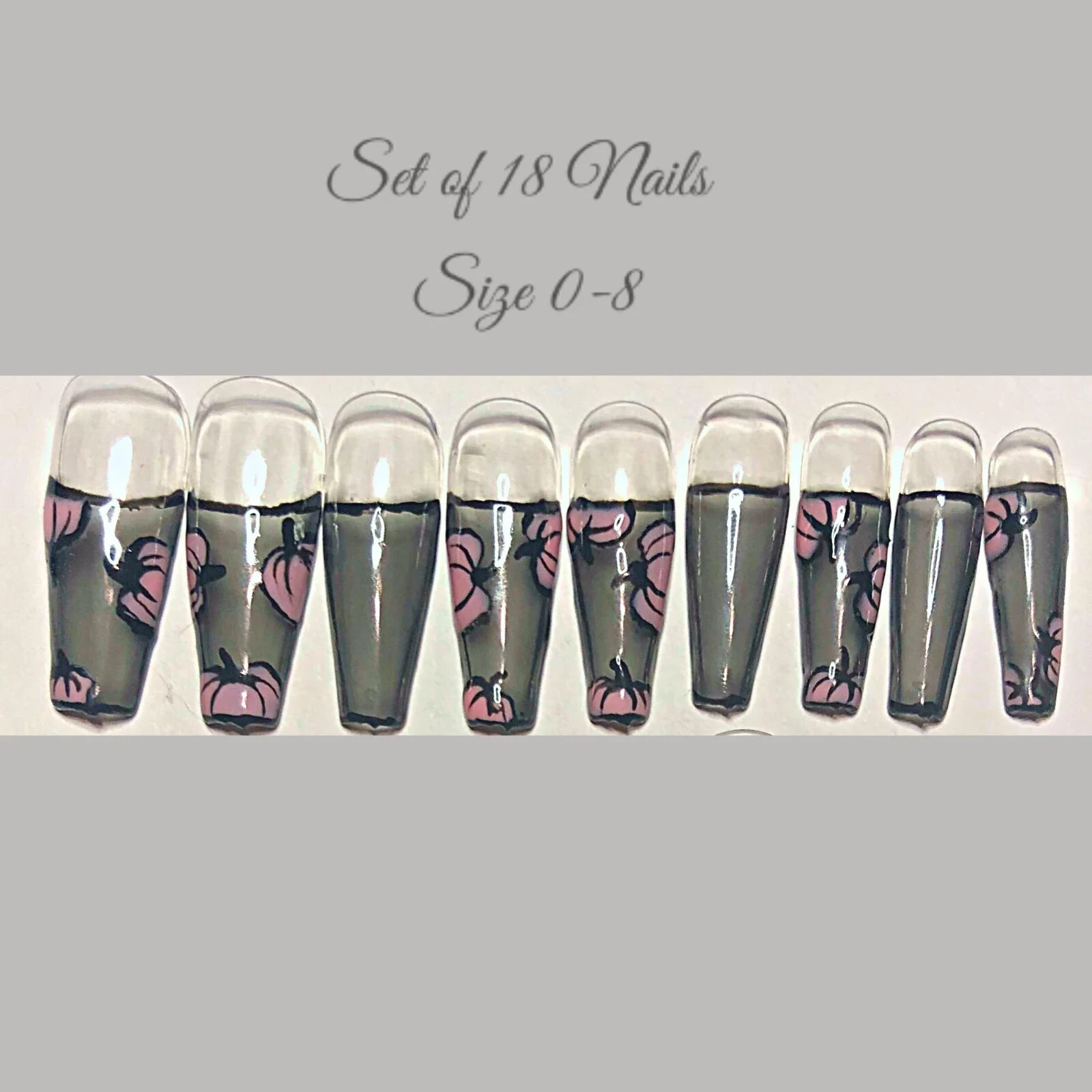 Pink pumpkins on sheer black- Press on nail set- Size 0-8, Ex-long Ballerina