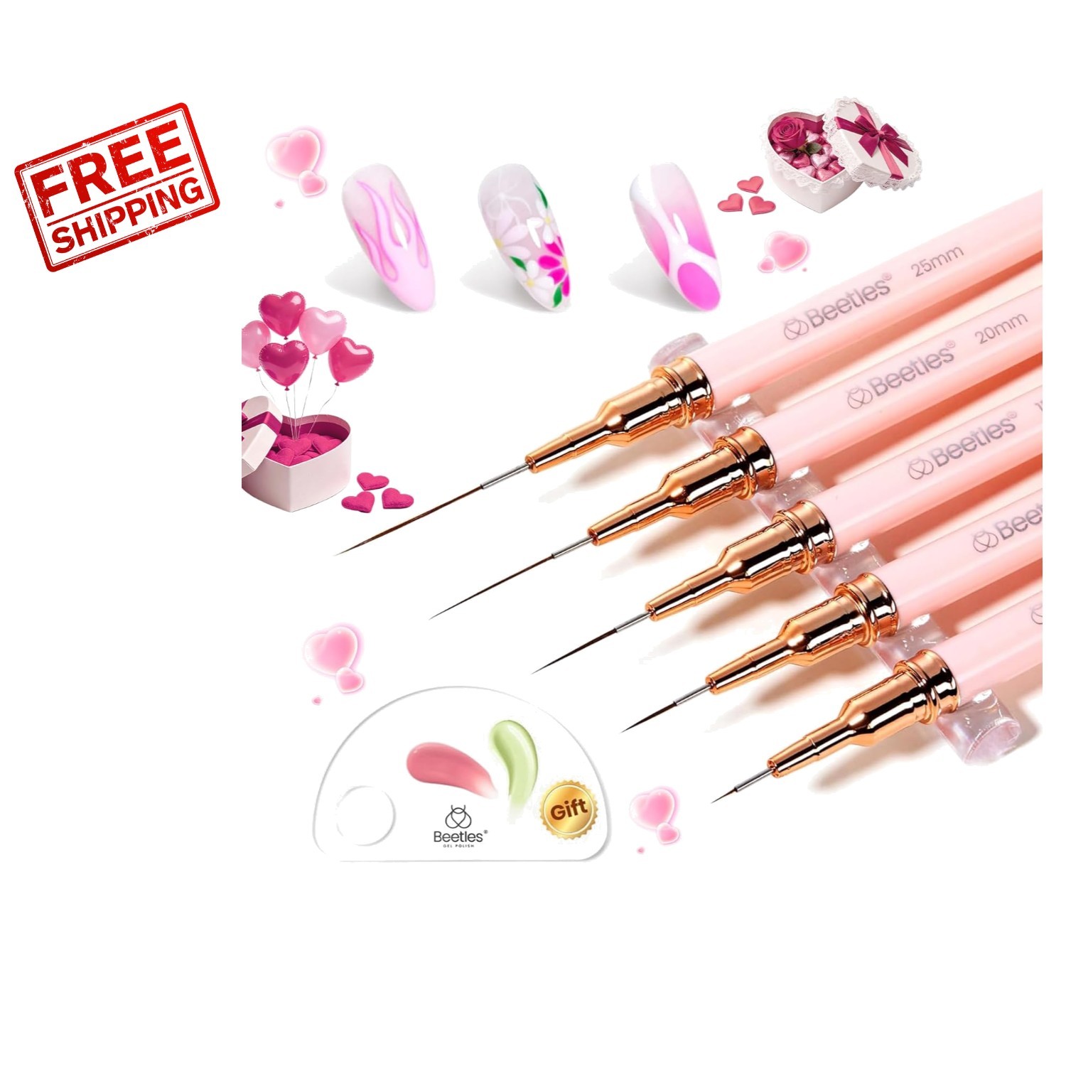 Beetles 5pcs Nail Art Brushes Set for Detailed Designs – Pink Liner Sizes 5-25mm