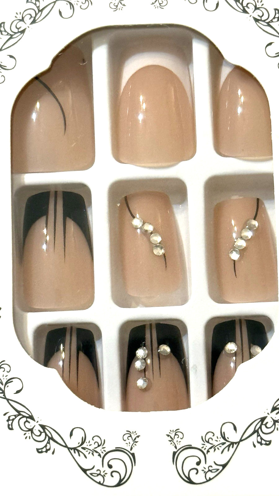 Beautiful Nail NUDE with BLACK & WHITE FRENCH with STONE DETAIL Press On Mani