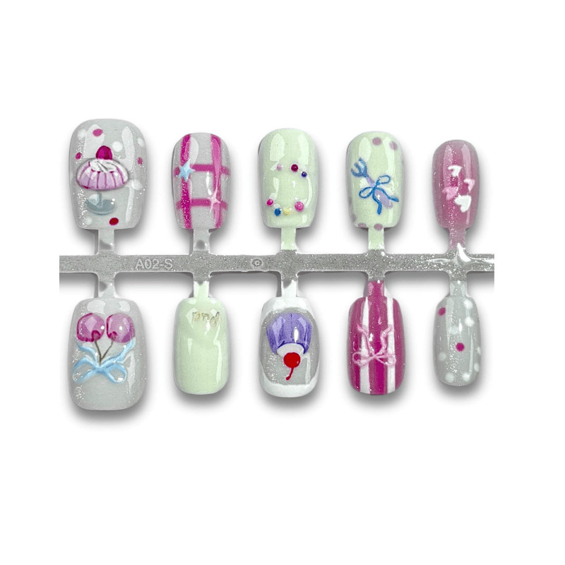 60 Pcs Cake Cherry Bow Short Square Press on Nails, Sweet Cute Daily Fake Nails