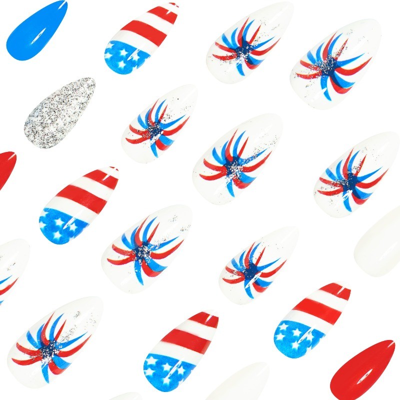48Pcs-American Flag Star Stripe Press on Nails Glossy Long Almond Nail Art Set