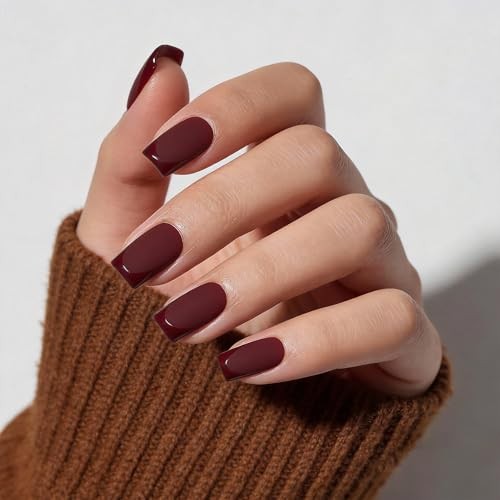 Dark Red Press On Nails Square -Short Red Nails with Glossy B-Merlot Red Square