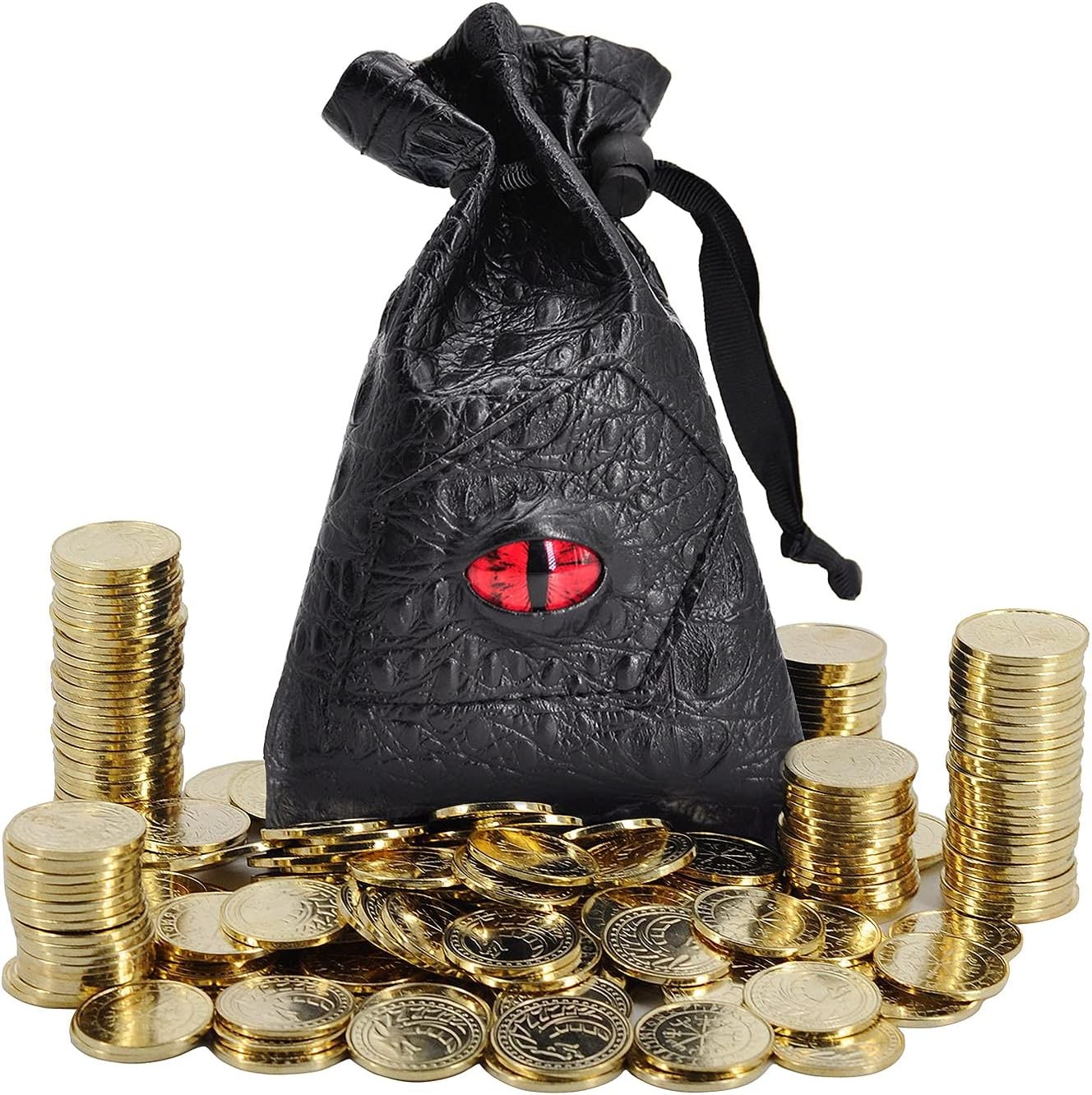 DND Fantasy Coins 50 Antique Gold Metal Treasure Tokens with Leather Pouch -…