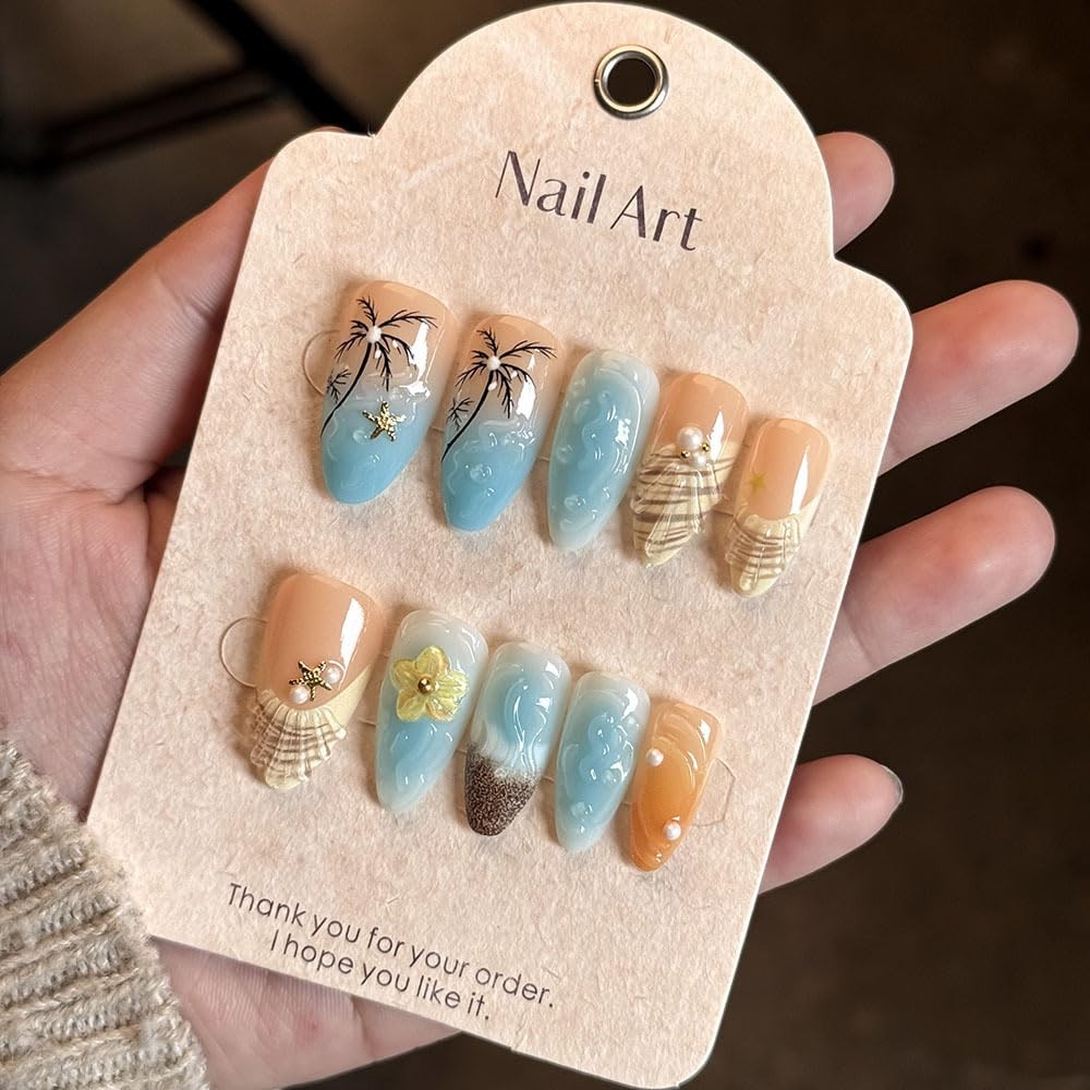 Seashell French Tip Press on Nails Medium Almond Fake Nails, Summer Beach Fal…