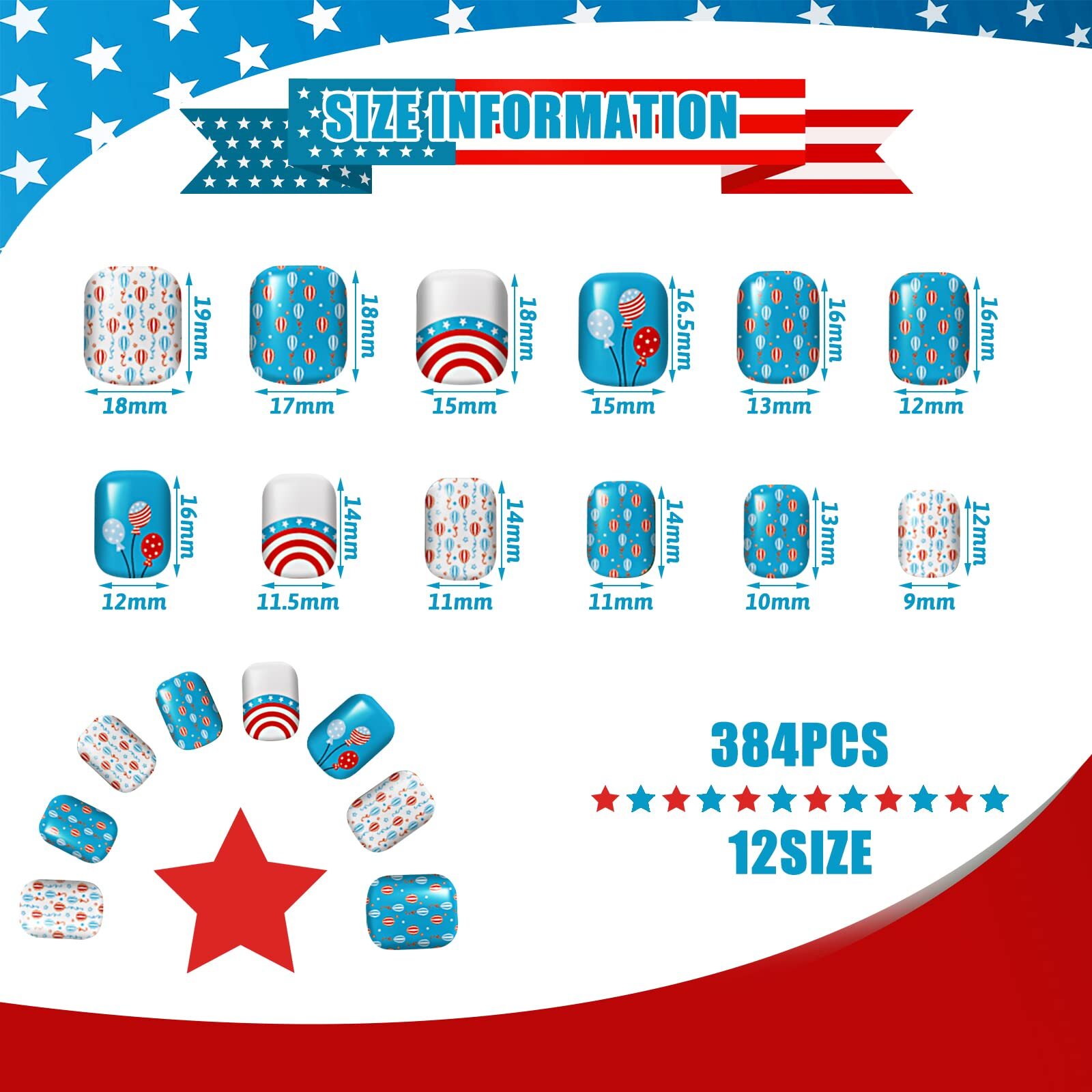 384 Pieces 16 Pack 4th of July Press On Nails Short Patriotic Press On Nails
