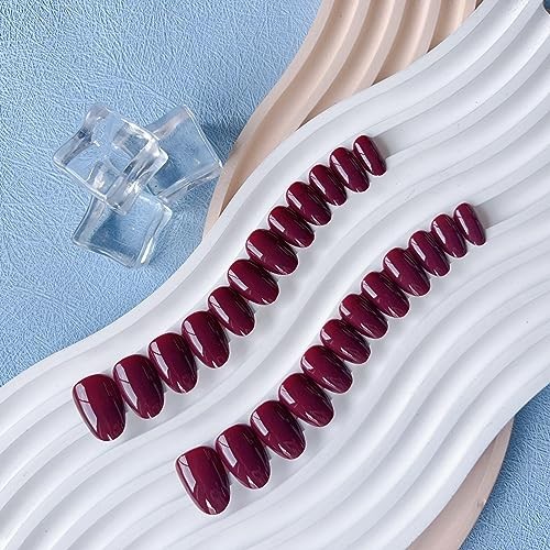 Burgundy Wine Red Press on Nails Short Almond Fake Nails glossy burgundy red