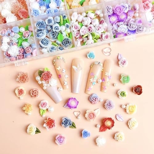 Colorful Flower Nail Charms Set – 24 Mixed Floral Decor with Pearl Leaves & Resi