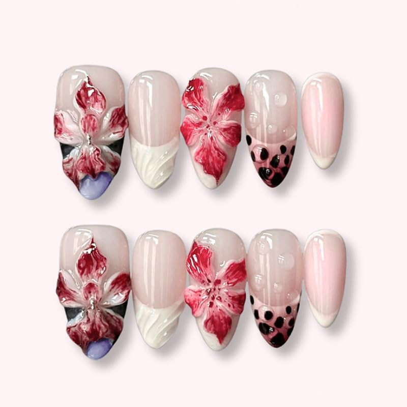 Long Almond Press on Nails Nude Brown Ormbed Fake Nails with Gold Accents Stick