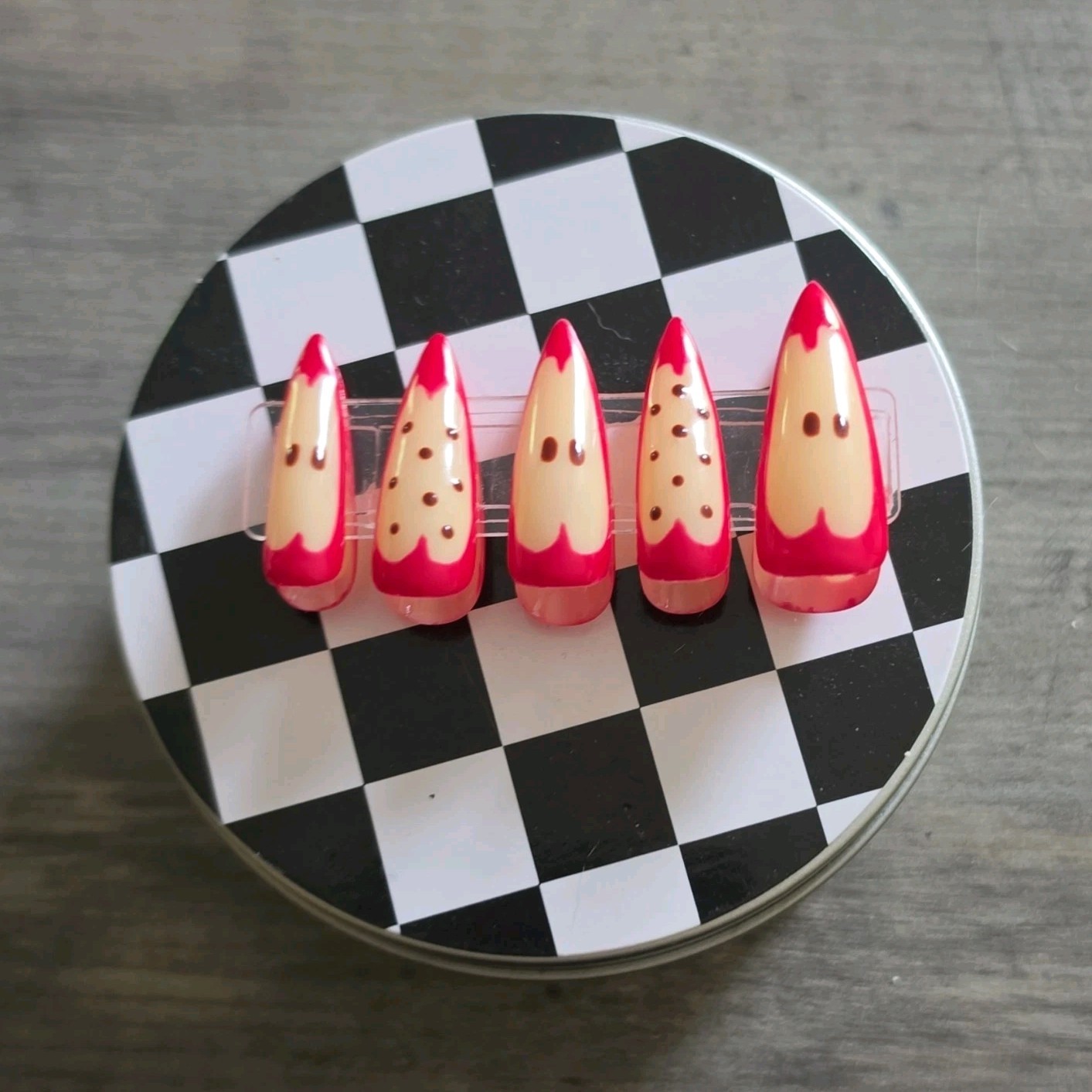 3D Acrylic Press-On Nails Long Almond Pre-Designed Beige Red Food Theme