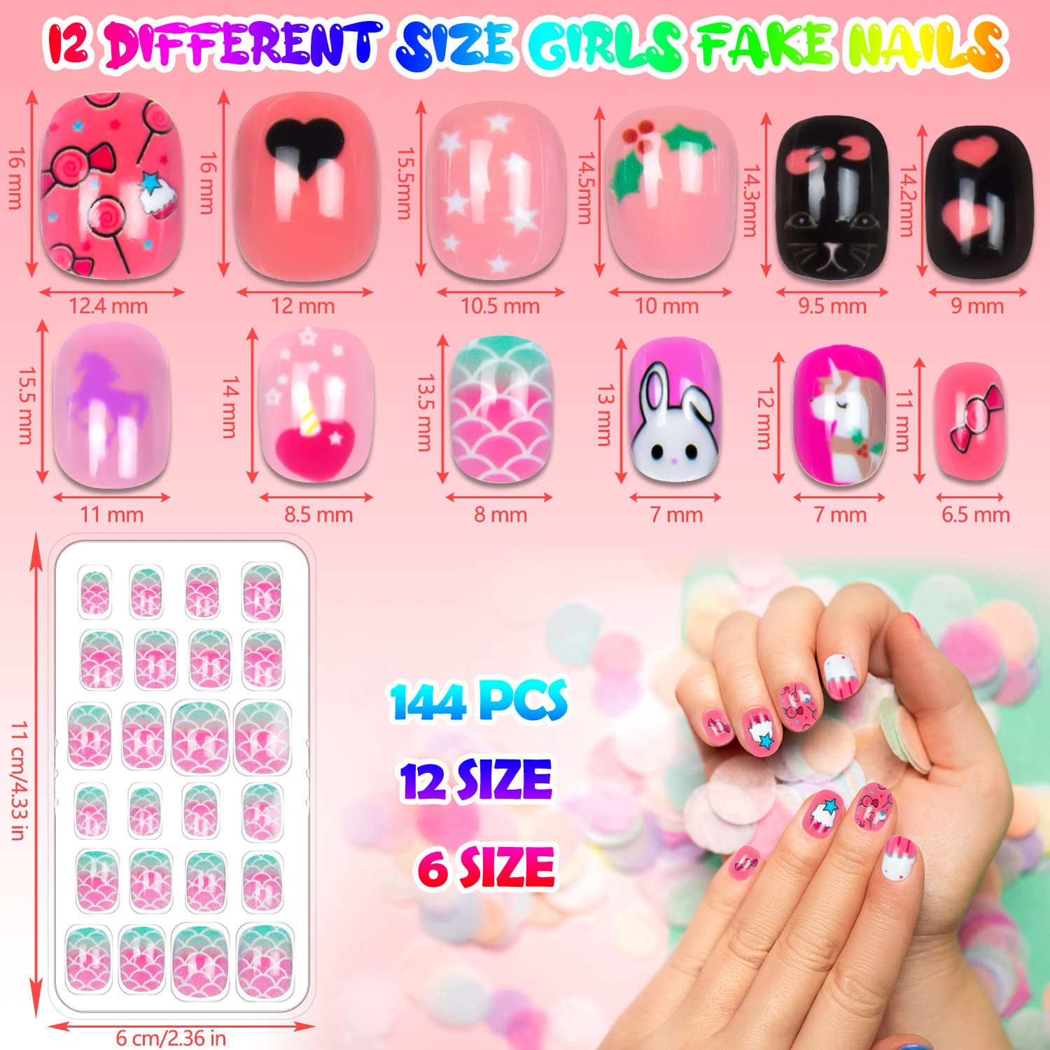 144 Pieces Press on Nails for Kids Children Fake Nails for Girls Artificial Kids