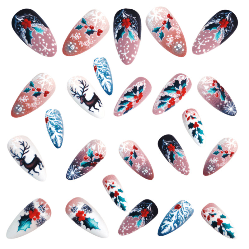 48P Stiletto Press on Nails, Reindeer Holly Snowflake Winter Xmas Fake Nails