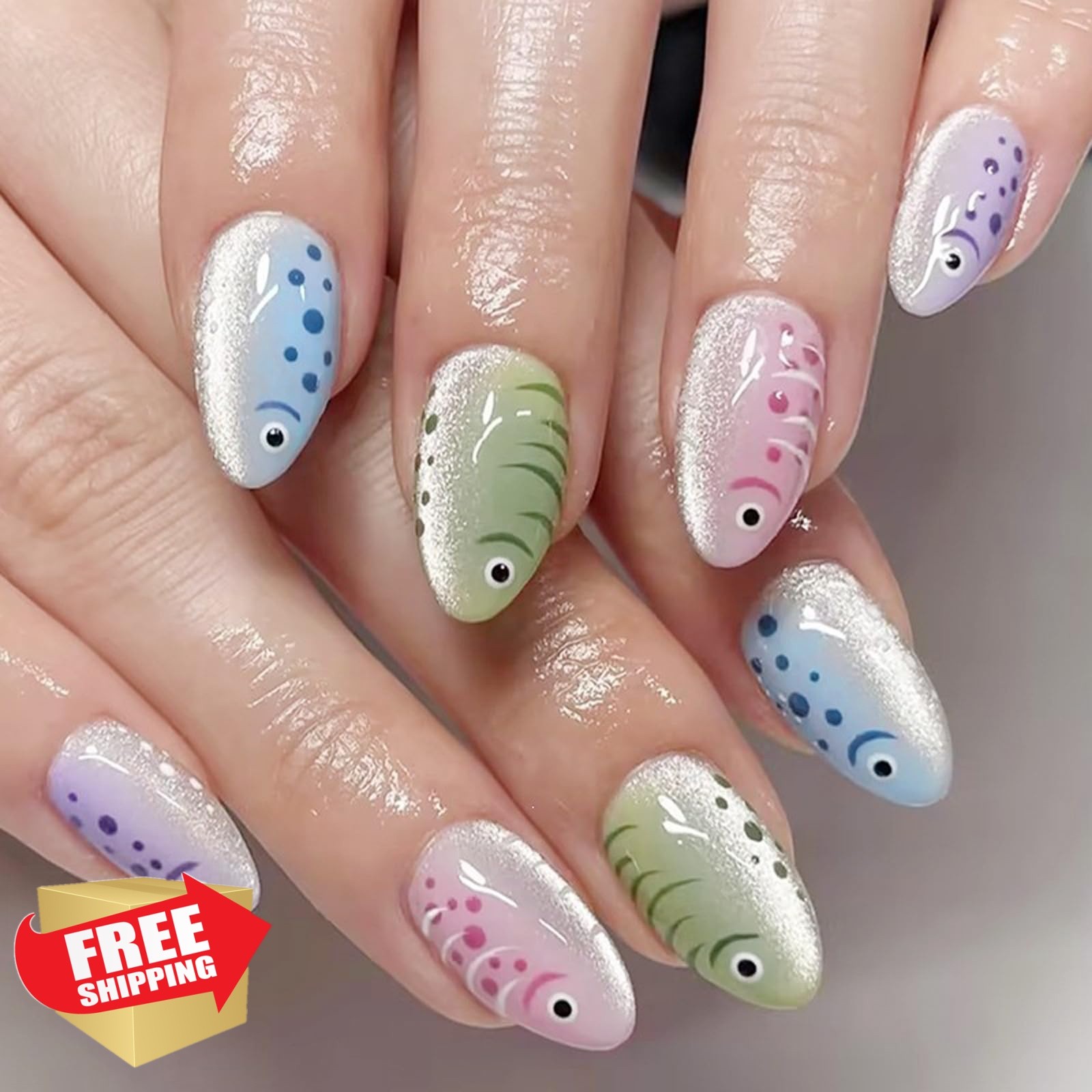 KASOICRA Medium XJXR25 Glitter Fish Press On Nails