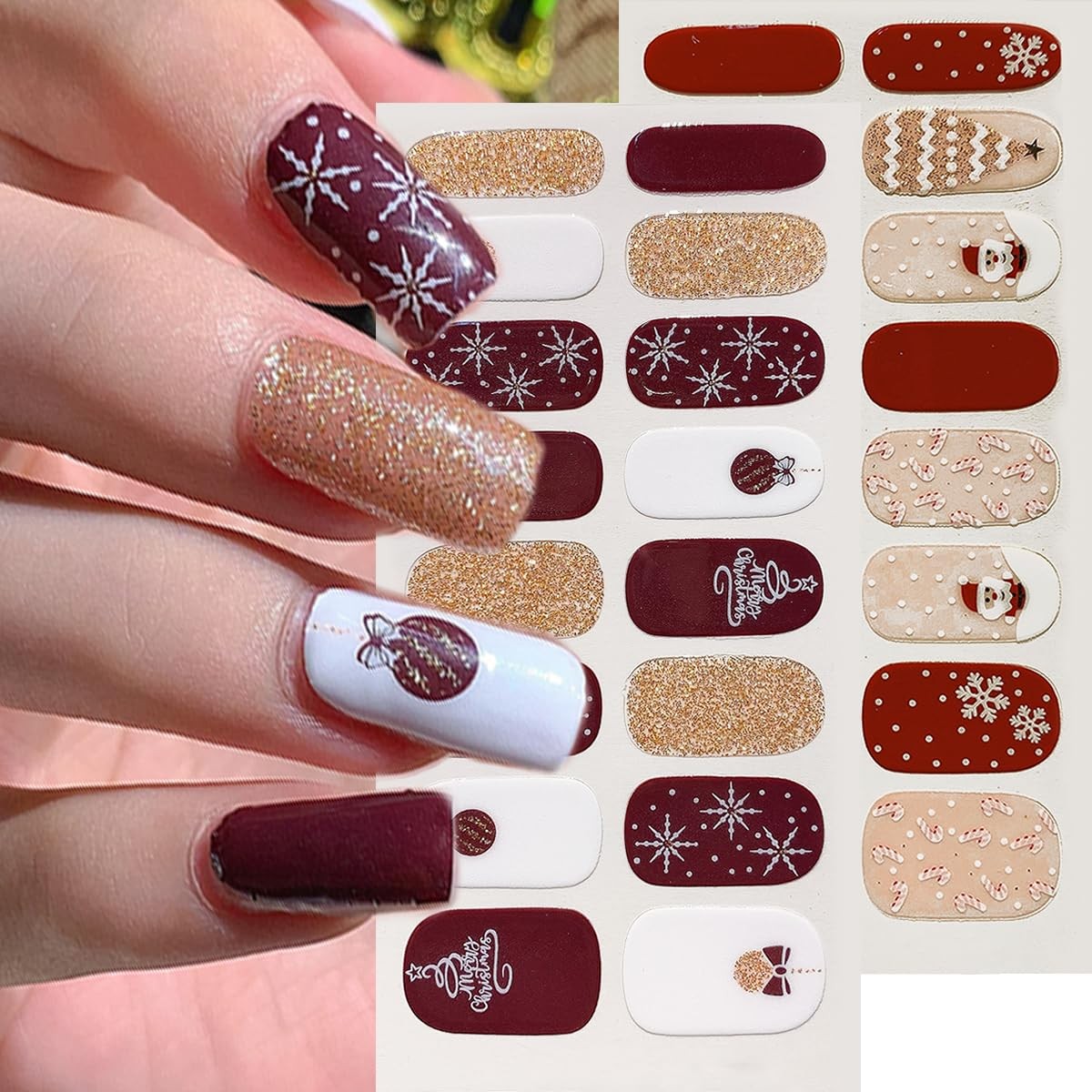 6Pcs Christmas Gel Nail Stickers Glitter Snowflake Nail Polish Strips Self Ad…