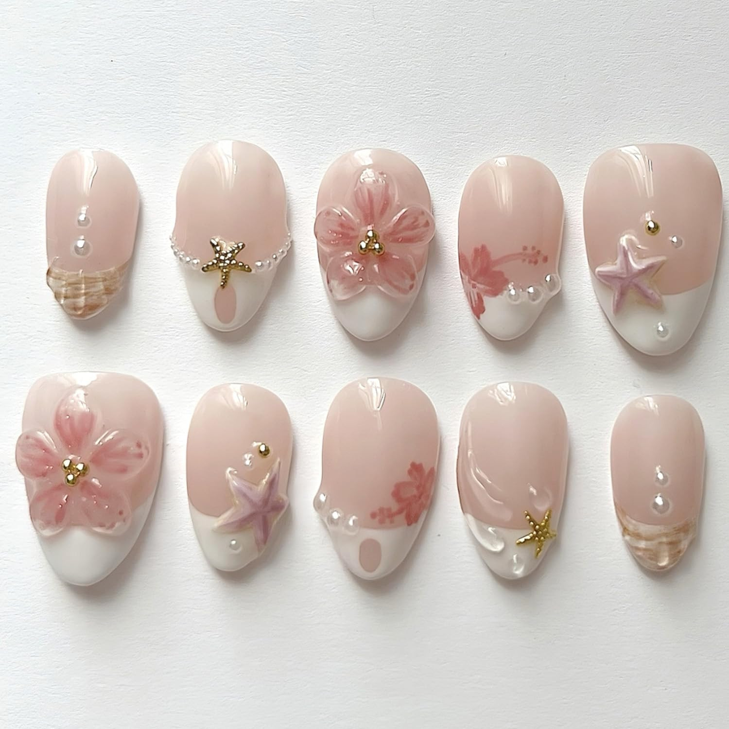 Nude Pink Summer Beach Press on Nails, Short Oval Fake Nails with 3D Cherry Star