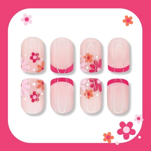 Red French Tip Press on Nails Flowers Design Short Square Fake Nails Style-40