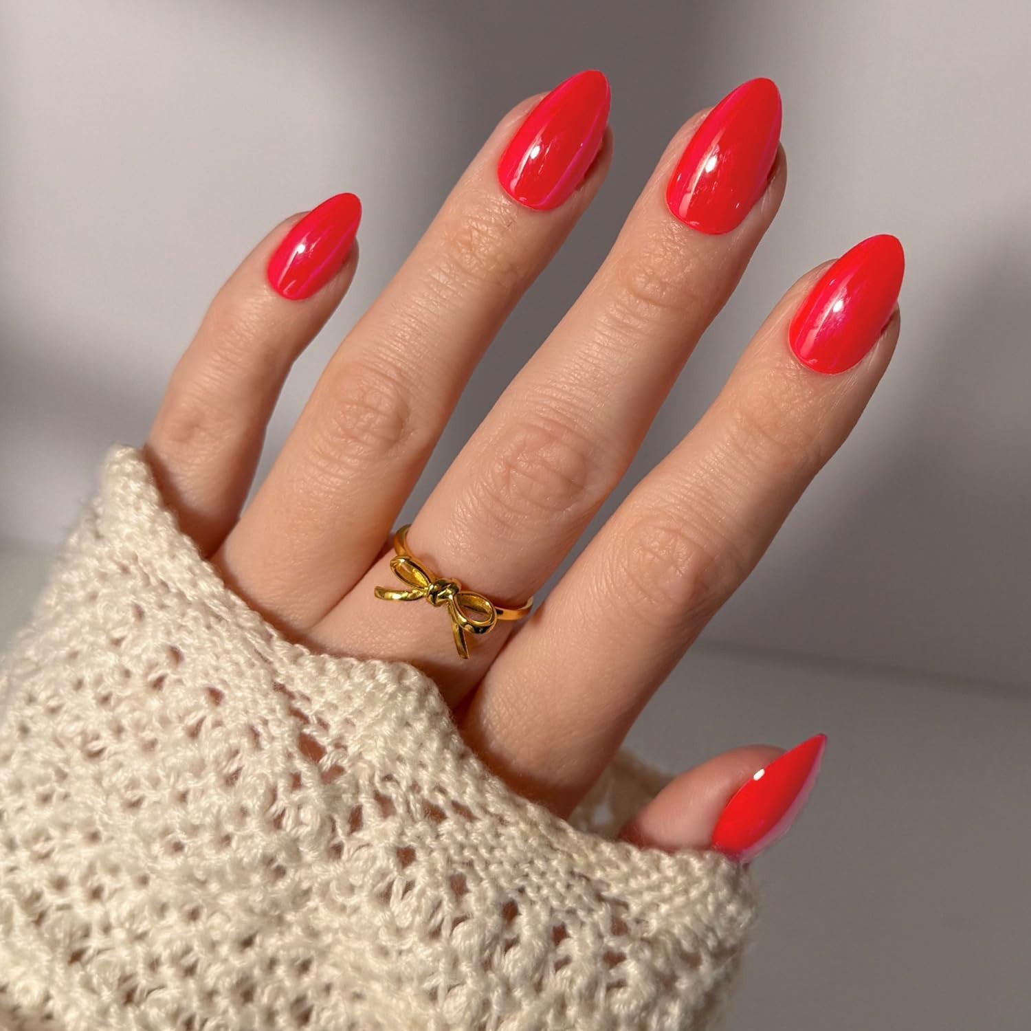 Vibrant Red Almond Press-On Nails | Short Fake Nails with Glazed Finish | 30-Pie