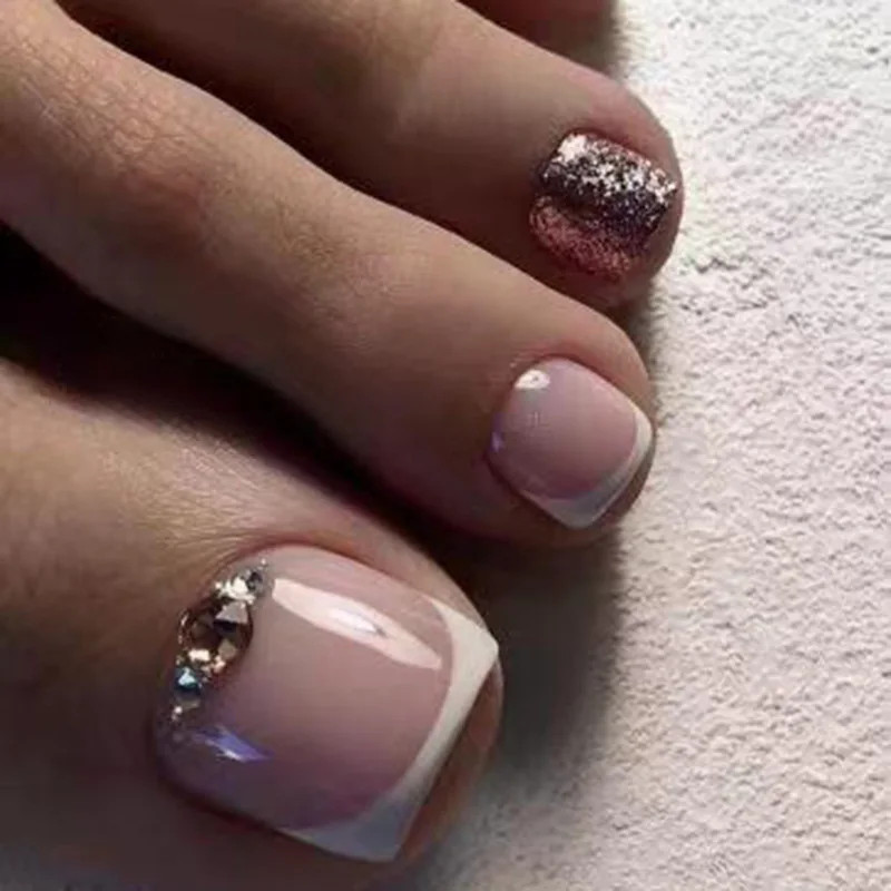 24pcs Sweet Pink Glitter Toenails French White Edge Detachable