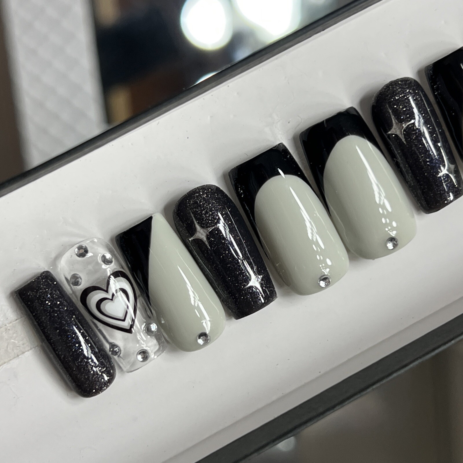 🤍 CUSTOM Hard Gel Press On Nails Black GREY HEART Bling 10p FULL SET SQUARE