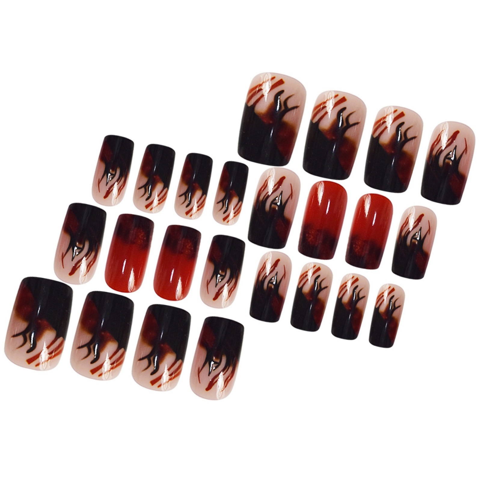 Red Black Gradient Flame Glitter Press On Nails Gothic Rectangle