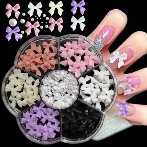3D Bow Nail Charms, 6 Colors 3D Acrylic Colorful Bow-Knot Nail Art Pink-Bow
