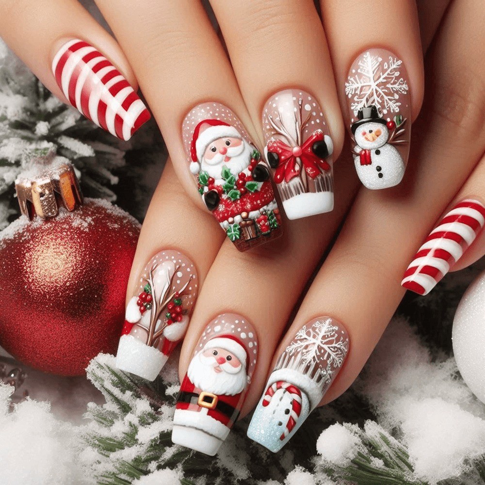48PCS Christmas Press on Nails Medium Square Santa Tree Festive False Nails