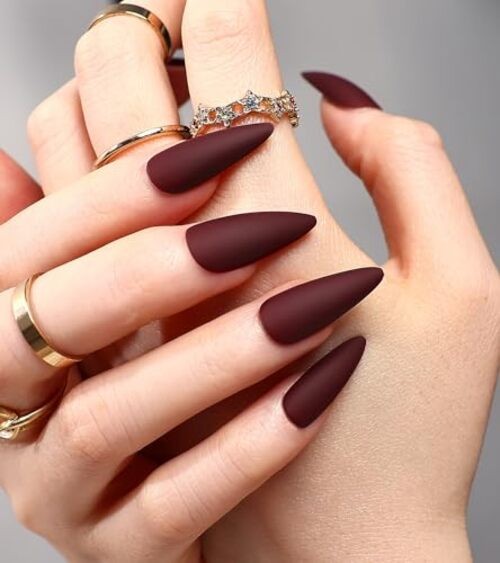 24pcs Fake Nails Matte Pure Color Medium Long Stiletto Almond Press Wine Red