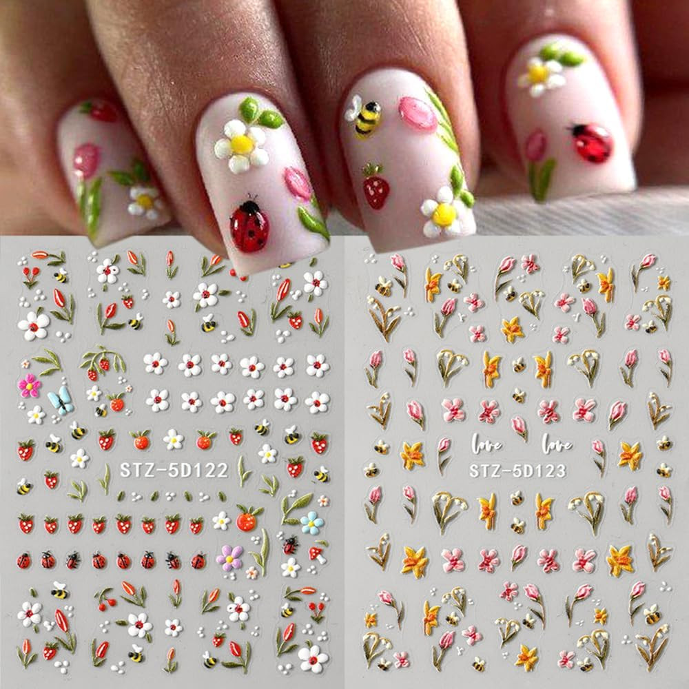 Nail Stickers for Nail Art, 5D Embossed Cute Floral Bee Ladybug Flower Nail Deca