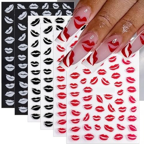 Valentine’s Day Nail Stickers Nail Decals 6PCS White Black Heart Nail Sexy Lips