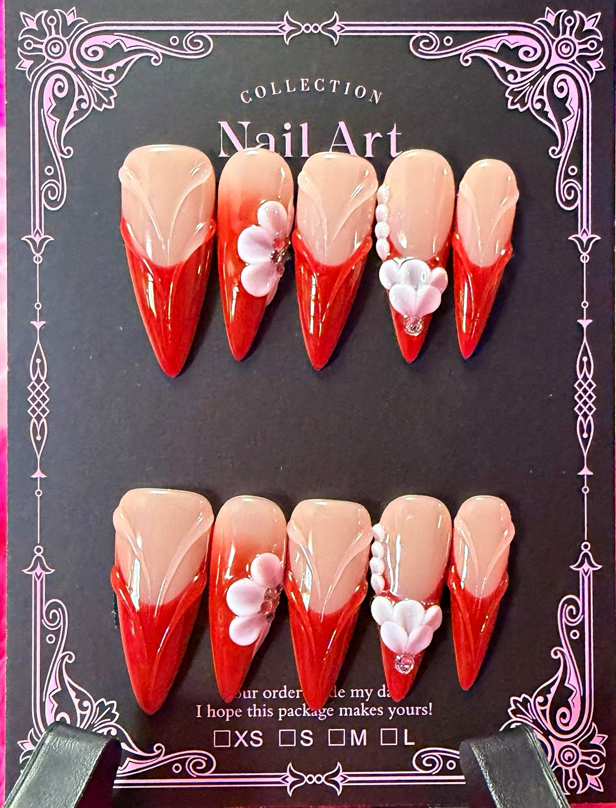 Red/Beige Ombre 3D Floral Stiletto Press-On Nails, Long Shiny Full Cover