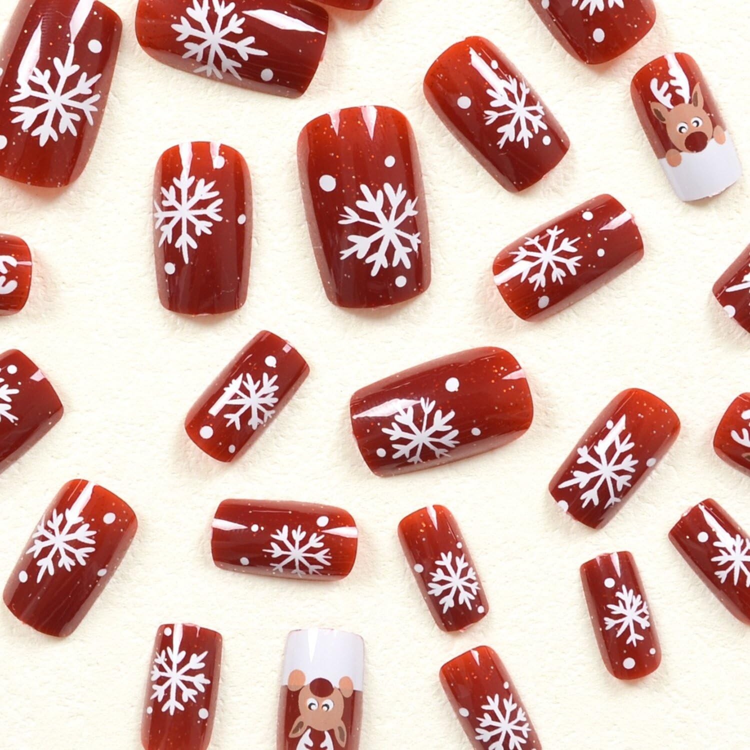 Christmas Press on Nails Short Square Red with White Snowflake Design Cute
