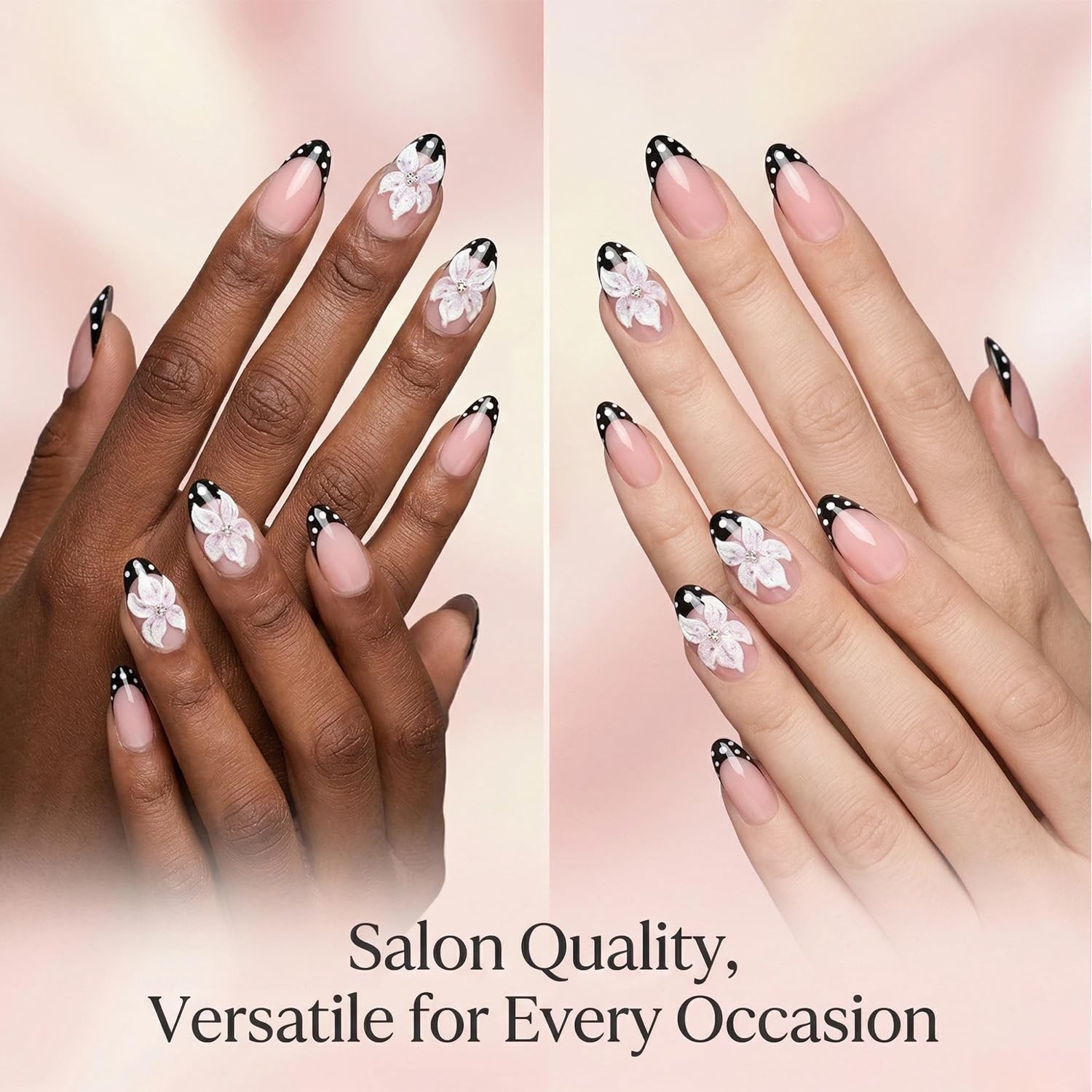 Taoyisent Pink Floral French Tip Press On Nails, Short Almond Shape, Black Po…