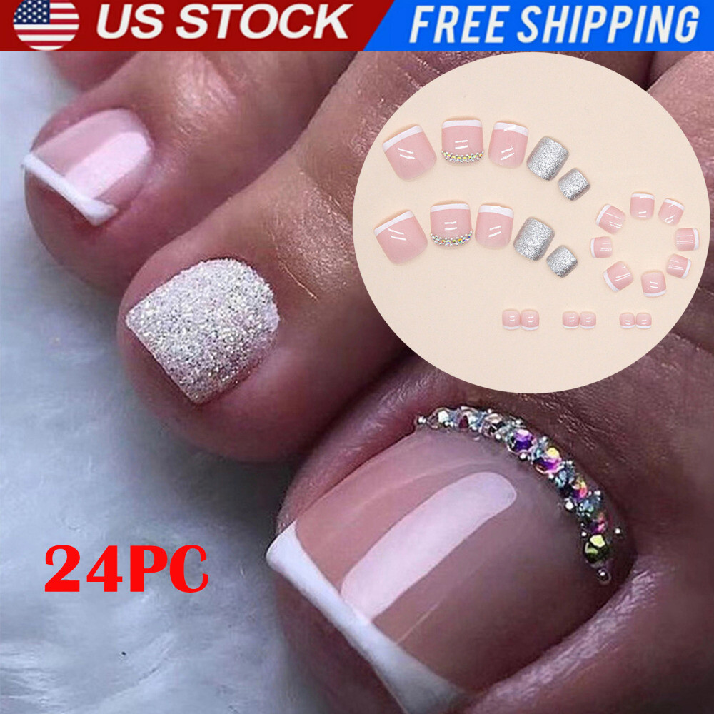 24X French False Toes Nails Gel Art Super Dazzling Glossy Square Fake Toenails