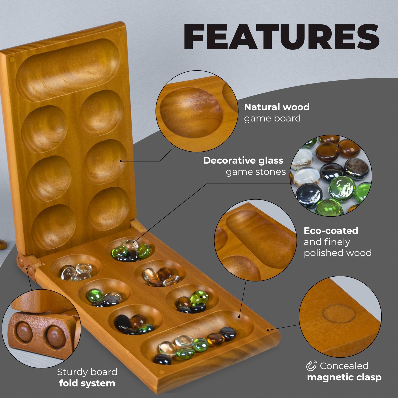 Mancala Board Game with 17.5 x 5.3 inches (folded), 8.7 (packed)
