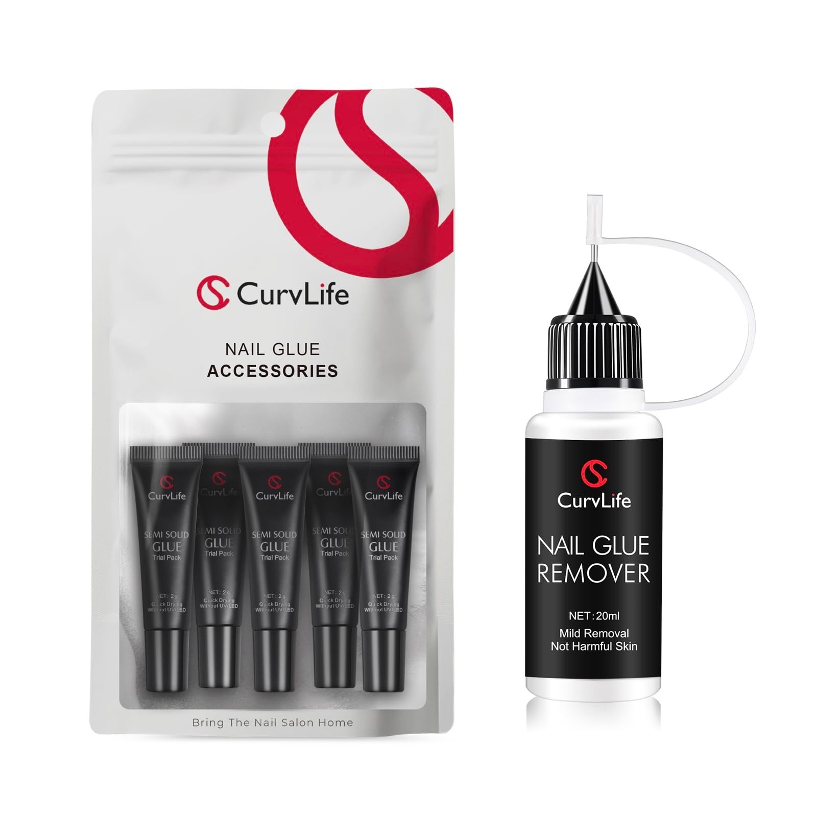 5pcs Semi Solid Nail Glue Kit + 20ml Precision Nail Glue Remover – Strong Adhesi